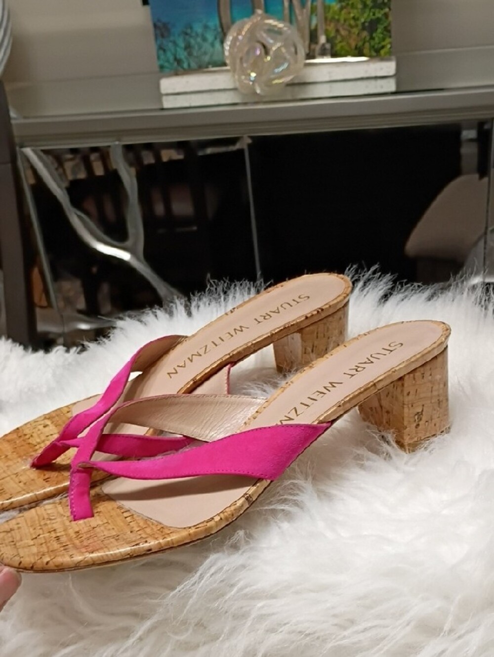 Stuart Weitzman Brigida Fuchsia Cork Block Heel Thong Mules Sandals 7.5 - Picture 10 of 15